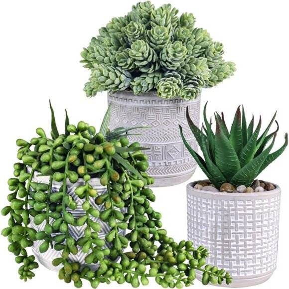 Set of 3 small artificial succulent potted plants faux greenery home office deco - Picture 1 of 8